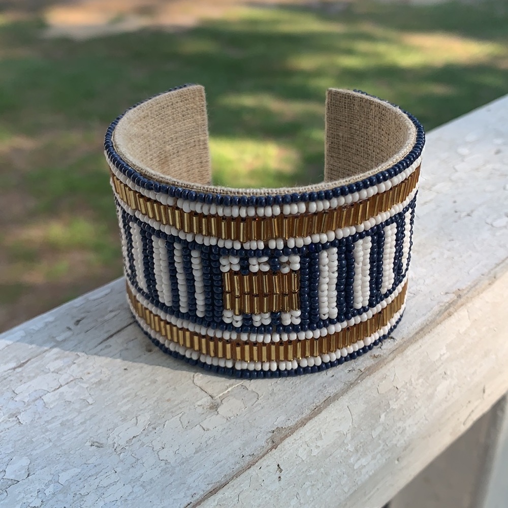Blue & Gold Beaded Cloth & Metal Cuff Bracelet - Picture 6 of 17